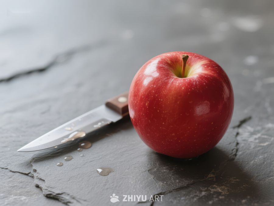 红苹果与刀具静置石板上 108
