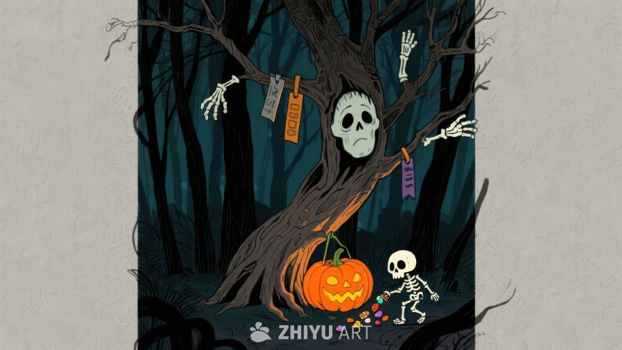 万圣节森林中的骷髅与南瓜灯