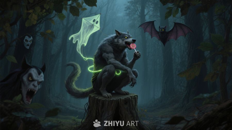 森林中的奇幻生物与神秘风筝