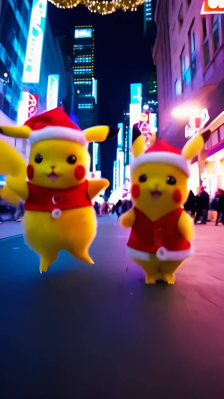 夜晚的城市街道上，两个穿着圣诞老人服装的皮卡丘正在