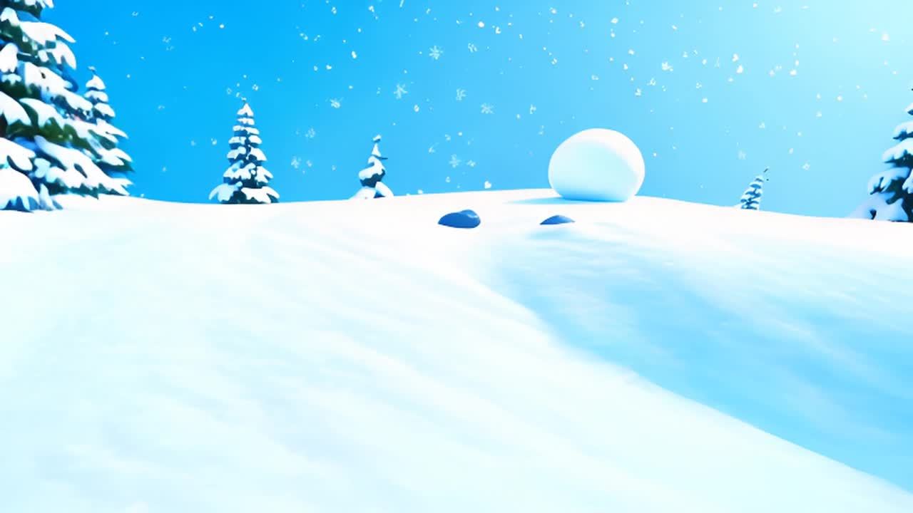 一个雪球在阳光明媚的雪山上向下滚动，雪球呈蓝色和白