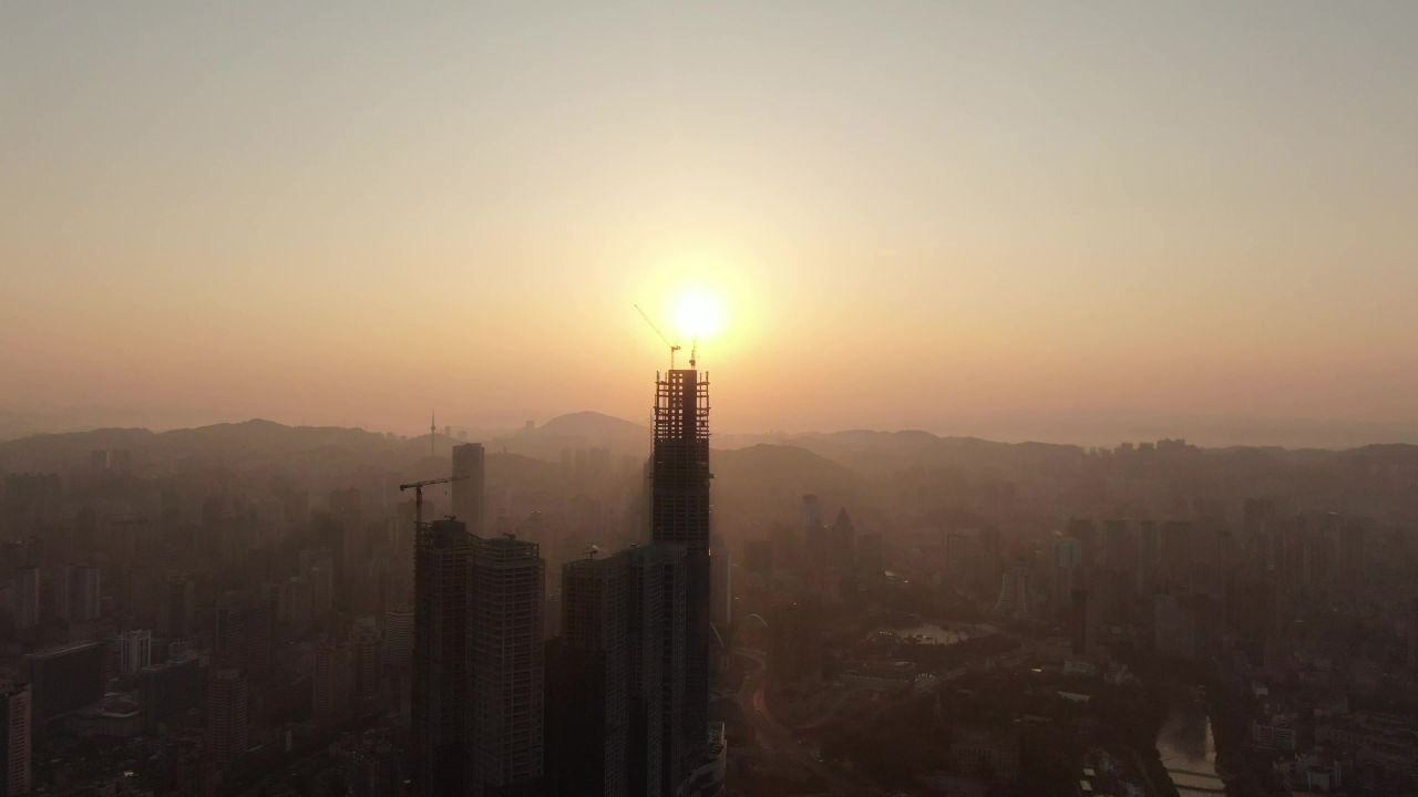 贵州贵阳城市清晨日出彩霞航拍