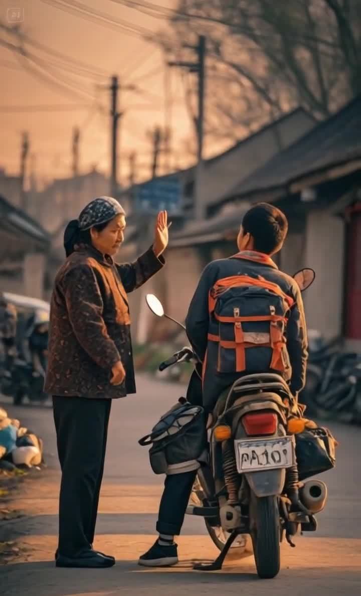 男孩骑摩托车告别奶奶背着橙蓝色背包