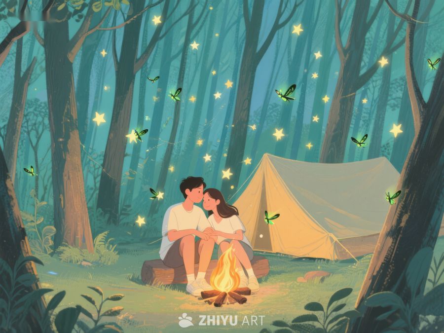 森林露营夜，情侣共赏萤火虫 584
