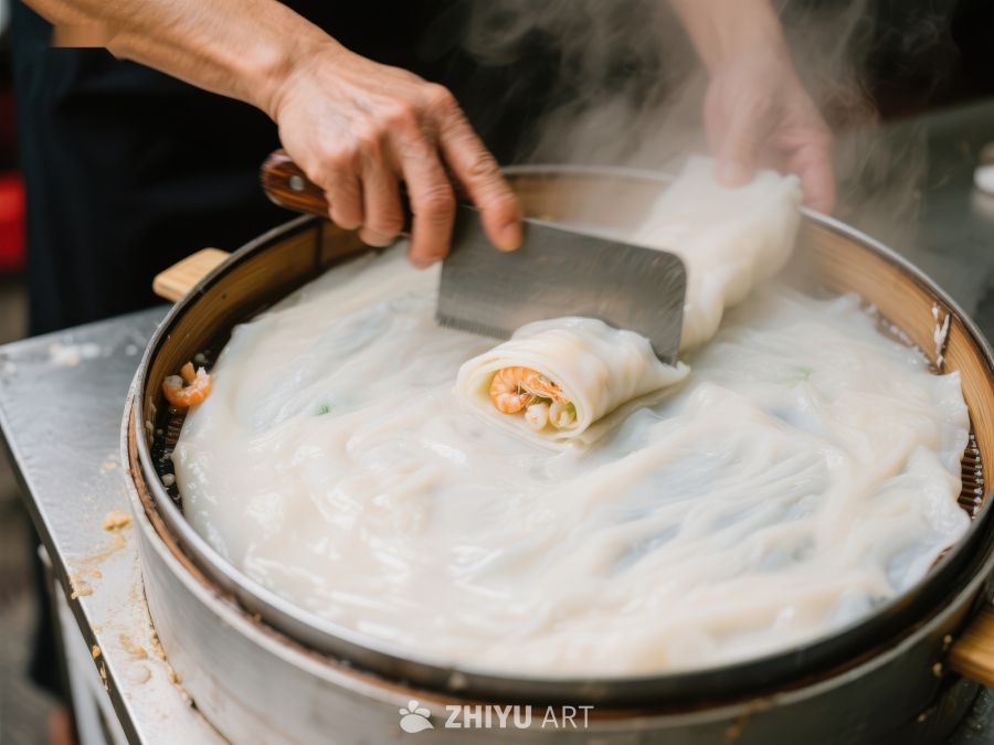 手工制作肠粉，蒸汽缭绕 1078