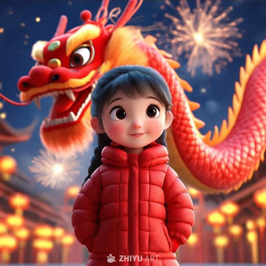 一个3D卡通风格的画面，一个穿着红色棉袄的中国小女