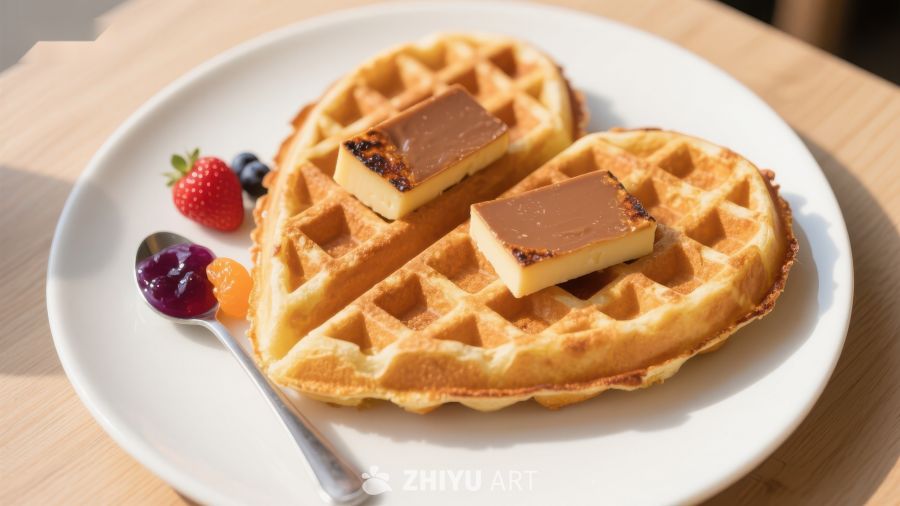 心形华夫饼配草莓和果酱