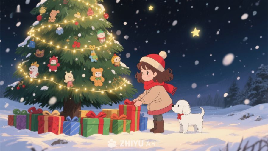 雪夜圣诞树下的温馨时刻 403
