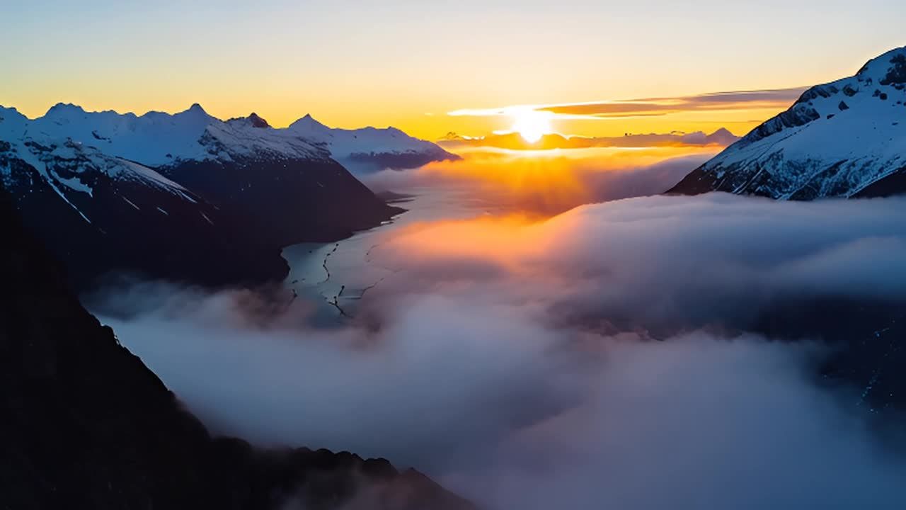 阿拉斯加山脉在柔和的晨雾中呈现出广阔的景象，镜头缓
