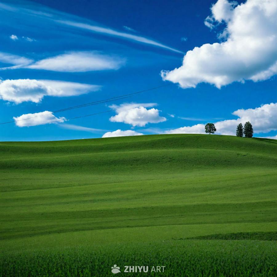 一片翠绿的田野上零星分布着几棵树。天空是美丽的蓝色