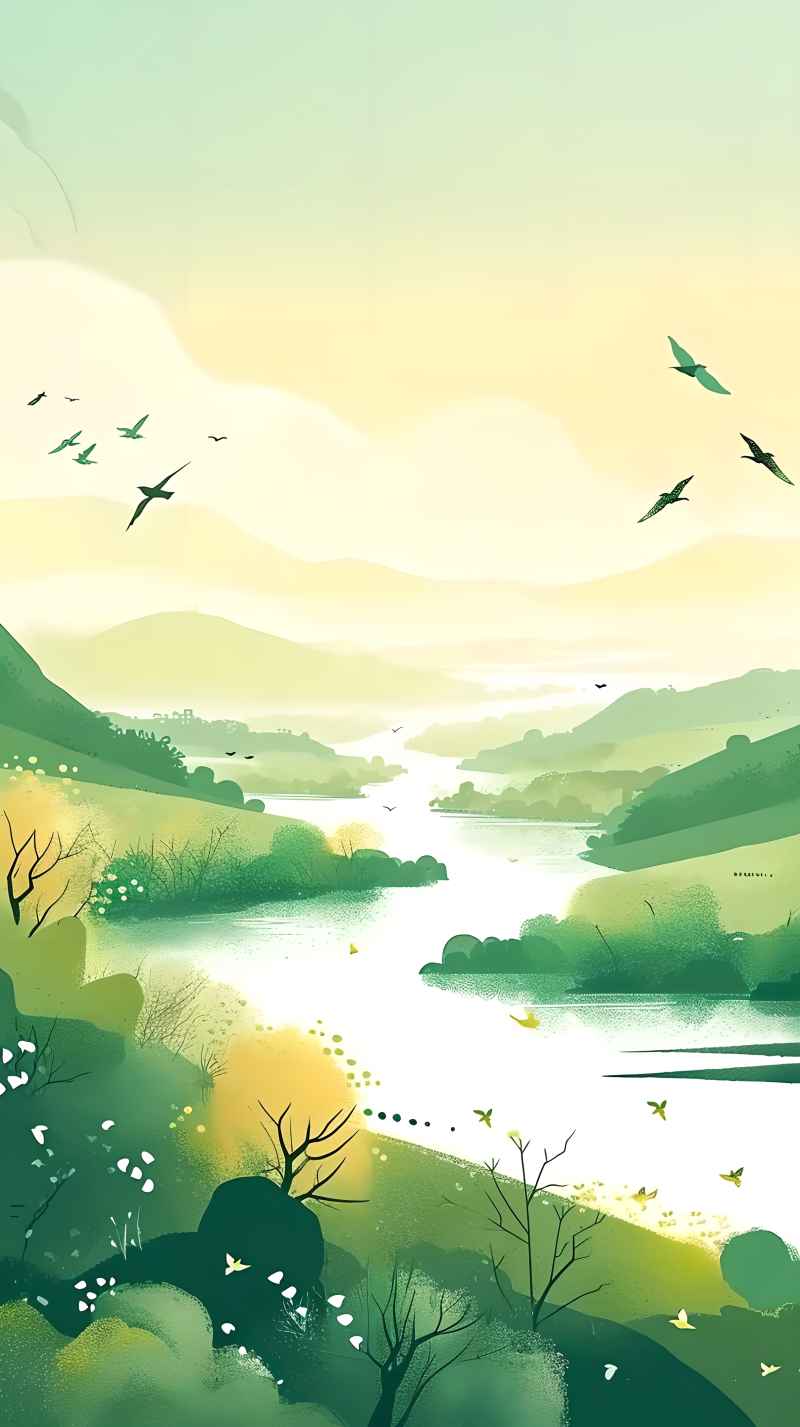 一幅卡通风景画上面有一条河和几只鸟 6