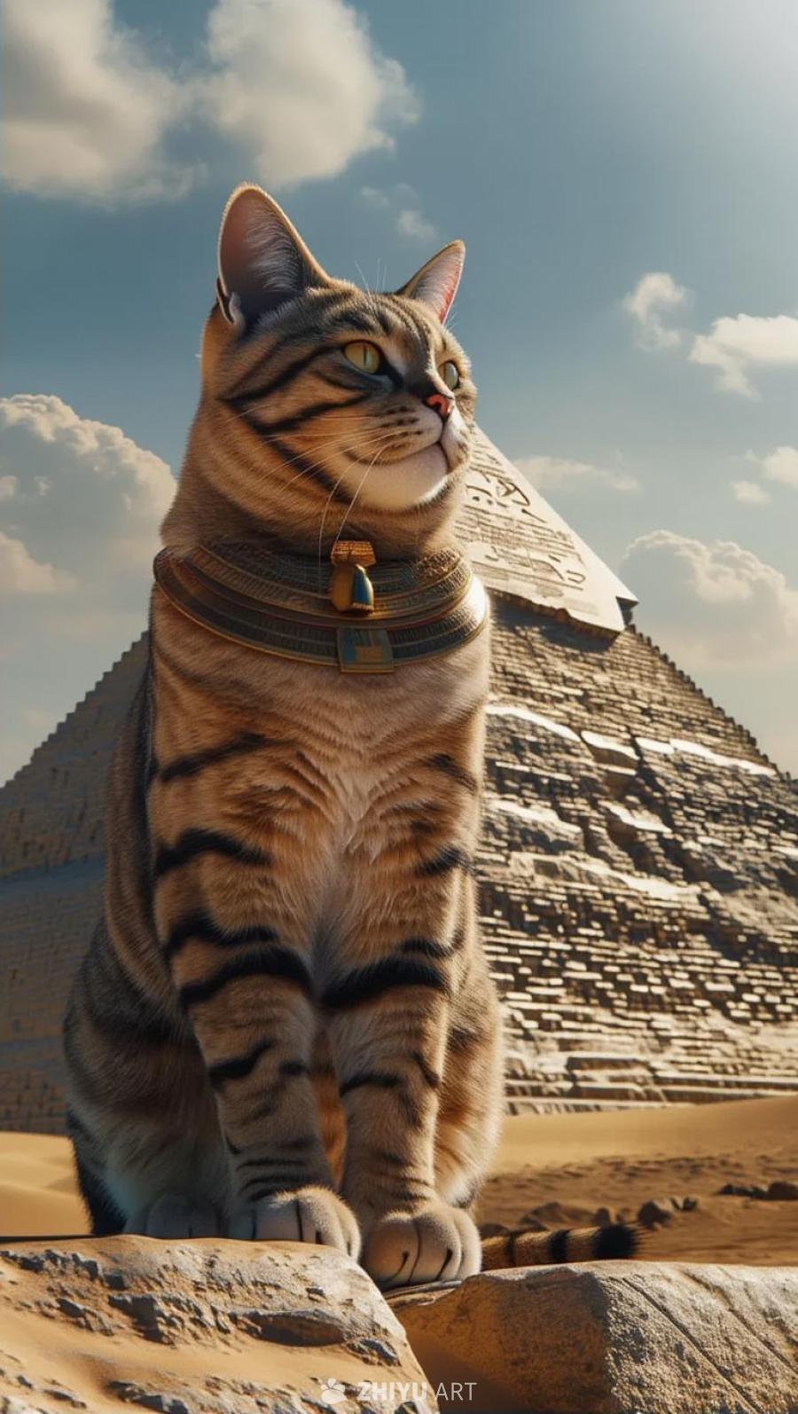 一只体型巨大的猫坐在石头上，它的脖子上戴着一个饰品