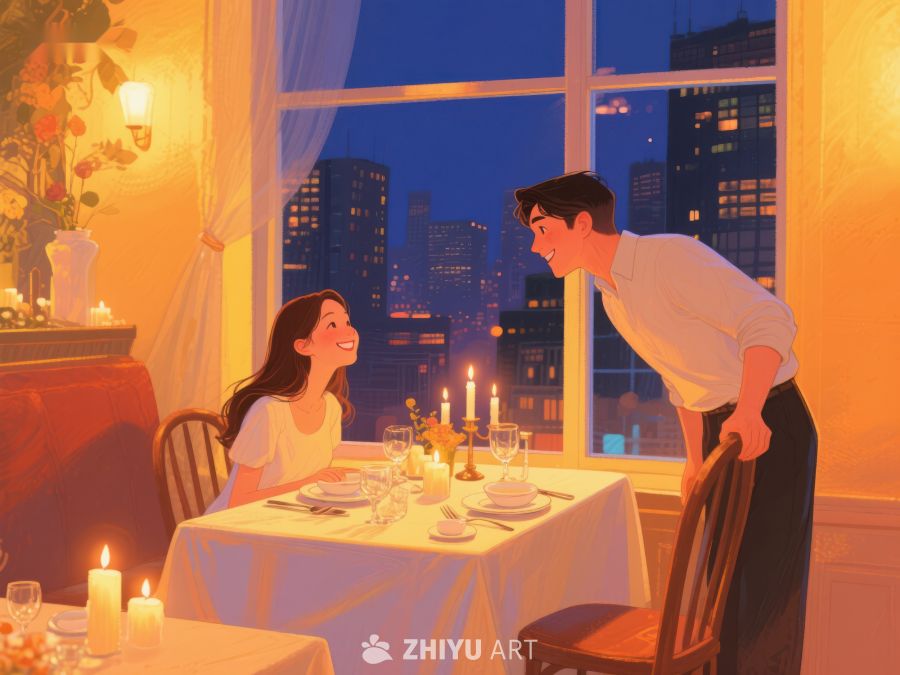 浪漫晚餐，窗边情侣温馨互动 428