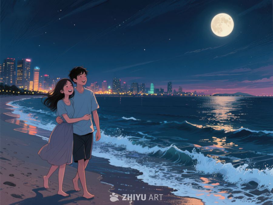 月夜海边漫步的情侣 1231