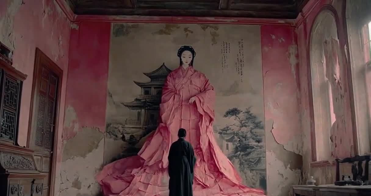 粉袍女子巨幅画像前的黑衣人