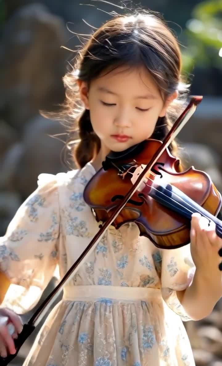 阳光下小女孩专注拉奏小提琴