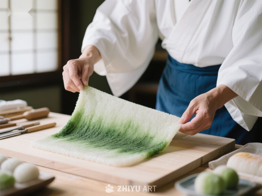 厨师制作绿色抹茶寿司卷