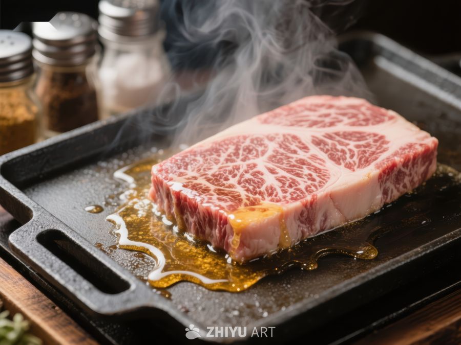 煎烤中的雪花牛肉