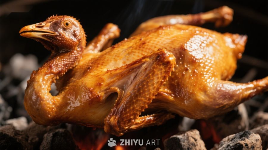 烤鸡在炭火上烹饪