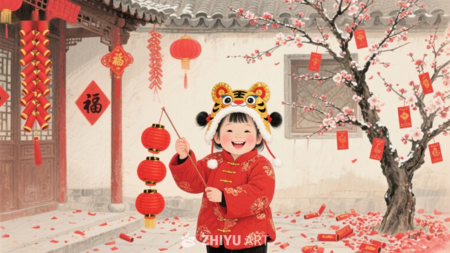 童趣春节：小女孩身着红衣手持灯笼 866