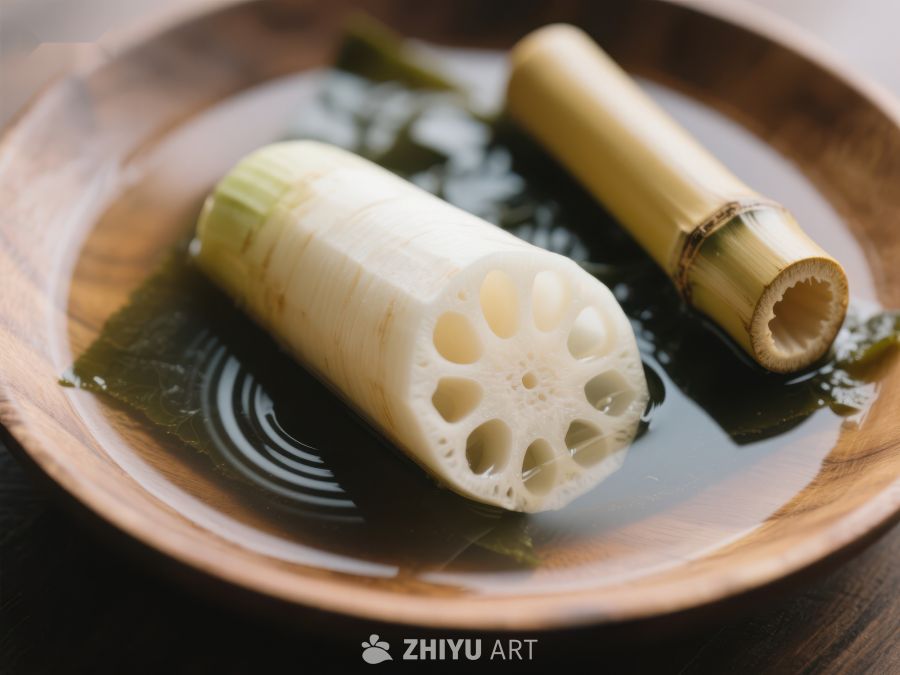 莲藕切片与竹筒置于木质盘中 133
