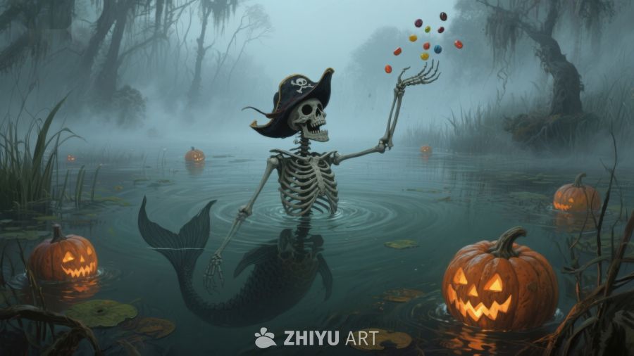 骷髅海盗手持气球，漂浮于南瓜灯环绕的沼泽
