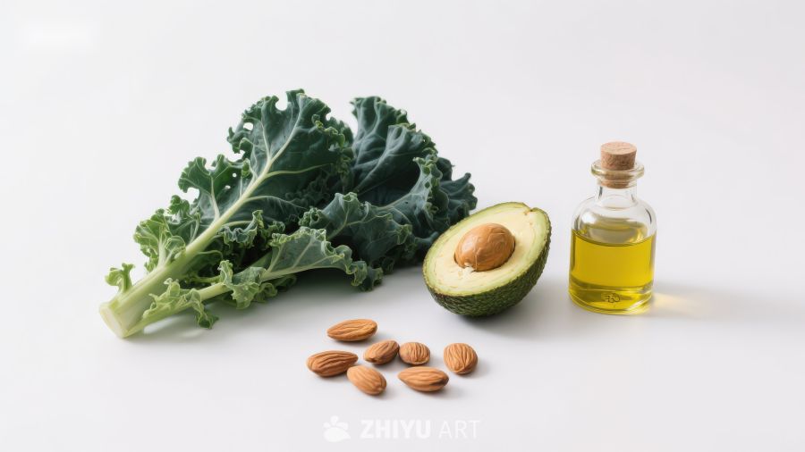 健康食材组合：羽衣甘蓝、牛油果与坚果