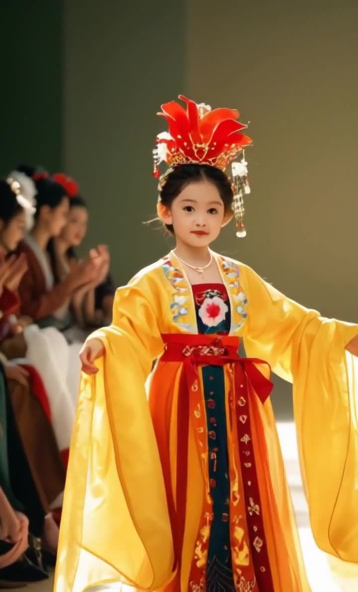 一个穿着汉服的小女孩走在走秀台上，头戴红色头饰，身