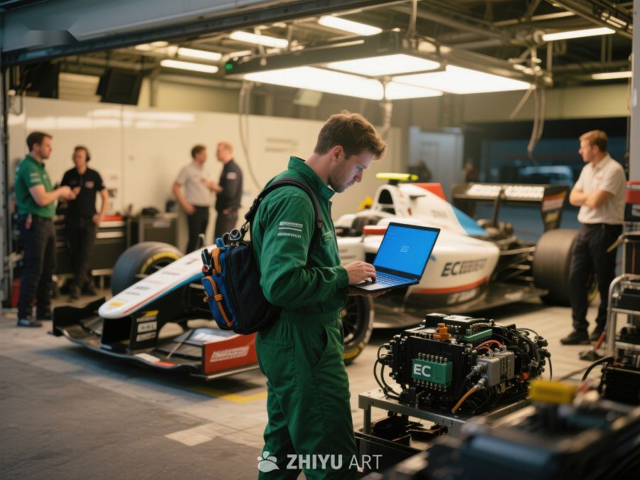赛车工程师在车间调试设备 232