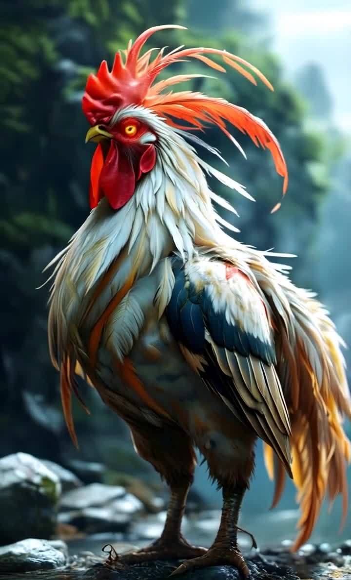 一只毛色华丽的公鸡站在岩石上，它的头部是鲜艳的红色