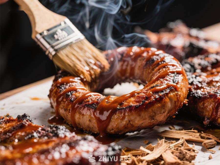 烧烤肉串涂抹酱料，热气腾腾 1058