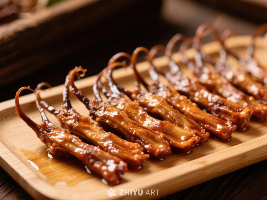 酱香鸭舌整齐排列于竹盘