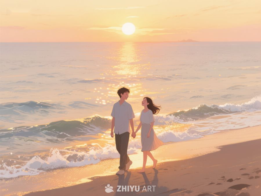 夕阳海滩上的牵手情侣 868