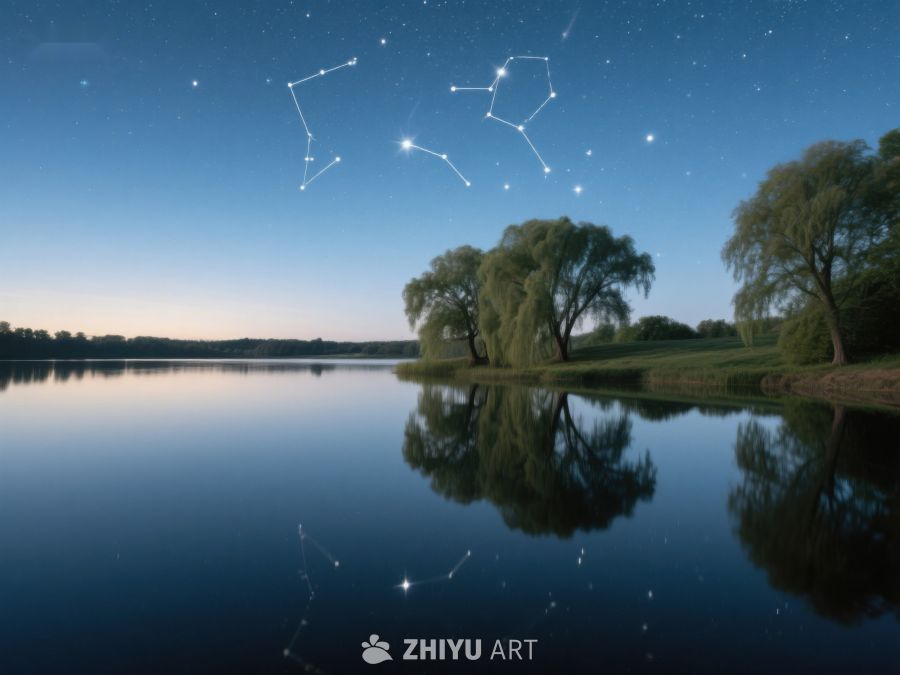 夜空星辰映湖面，树影婆娑静谧景 405