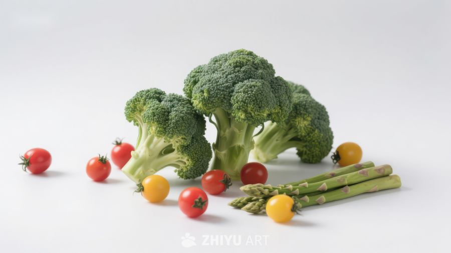 新鲜蔬菜组合：西兰花、樱桃番茄和芦笋