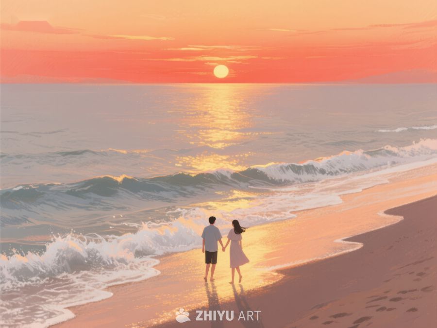 海滩日落，情侣牵手漫步 291