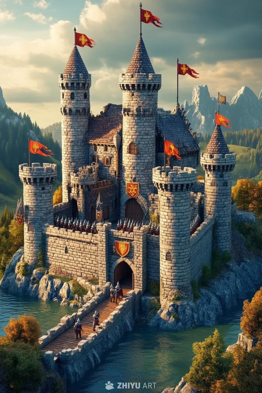 一座中世纪城堡耸立在水边。城堡由灰色的石头建成，有