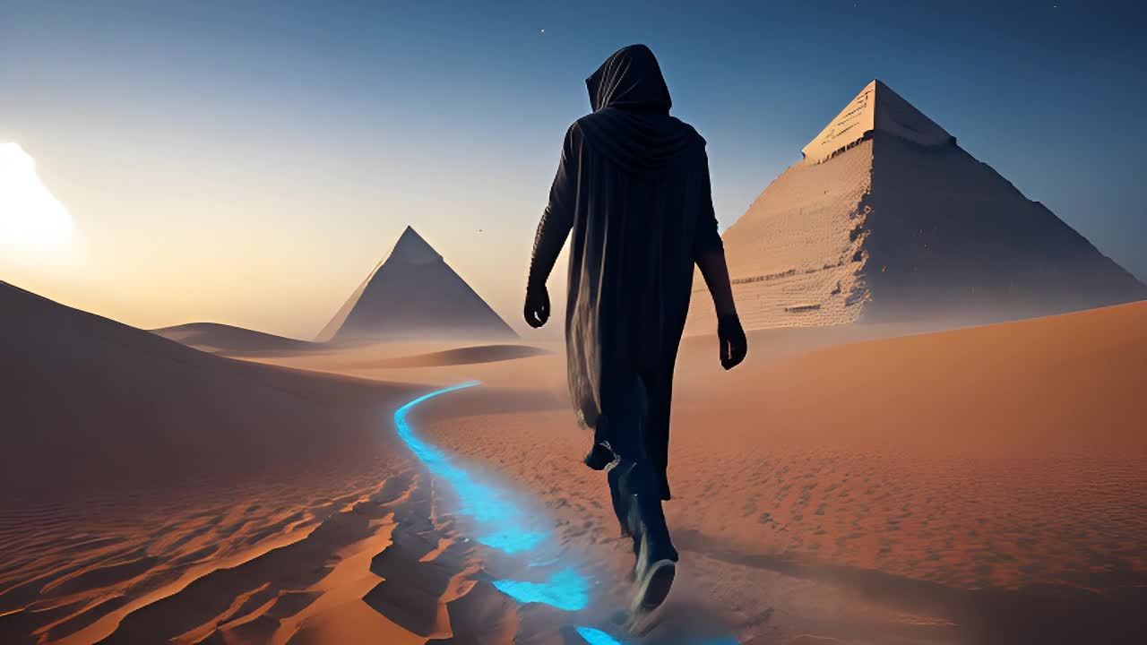 一个人穿着深色带兜帽的长袍，沿着沙丘上发光的蓝色小