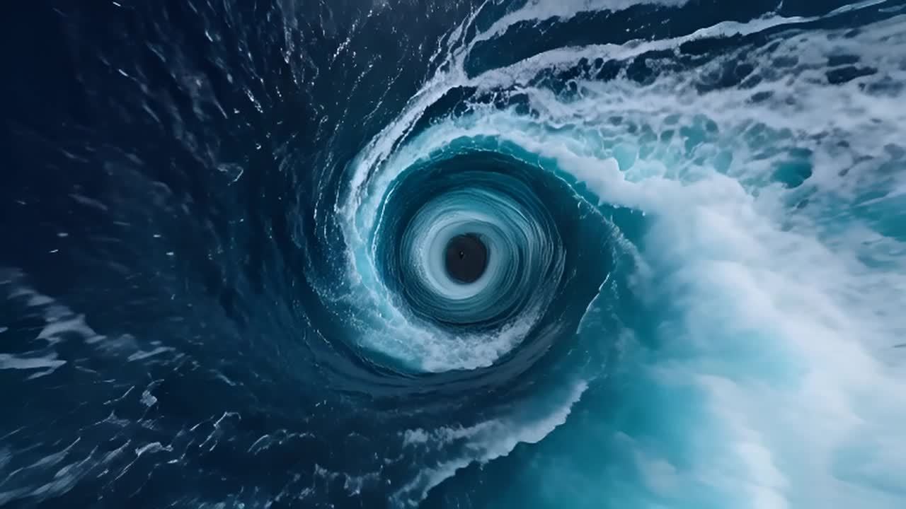 海洋漩涡，动态运动：从空中俯瞰巨大的海旋涡。海水强