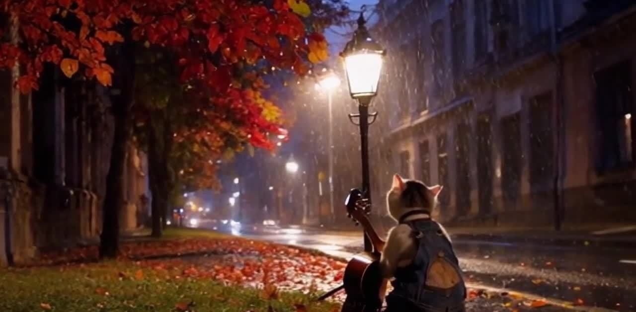 雨夜猫咪工装裤吉他路灯秋叶老街忧郁背影