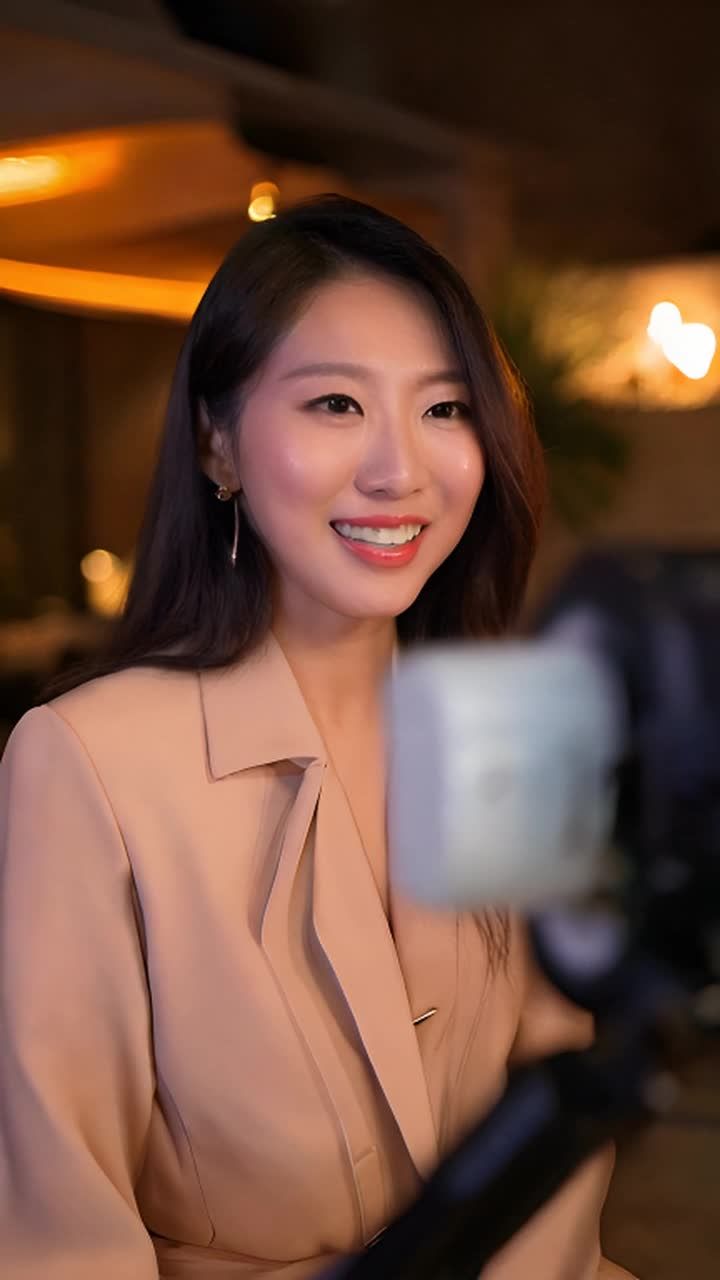 一位身着时尚服装的亚洲女性正在与观众互动，现场气氛