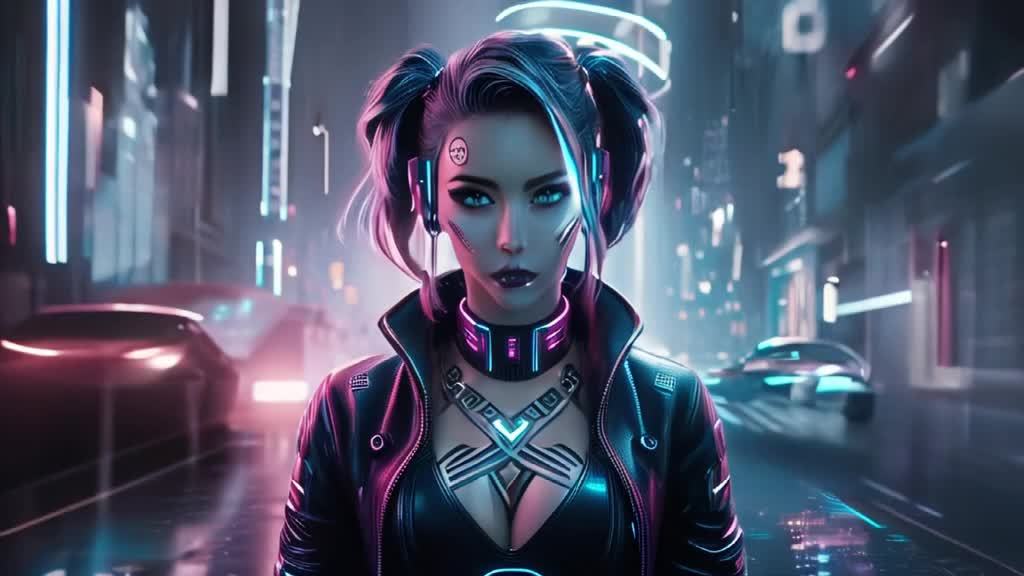 一个女性角色站在雨中的街道上，她留着扎成双马尾的蓝