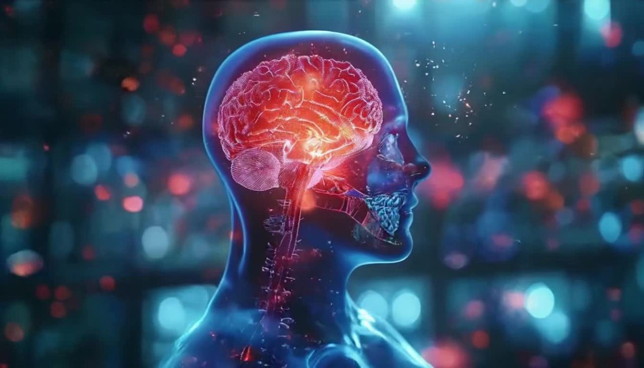 一个蓝色透明的人体侧面轮廓，内部显示着红色的脑部结