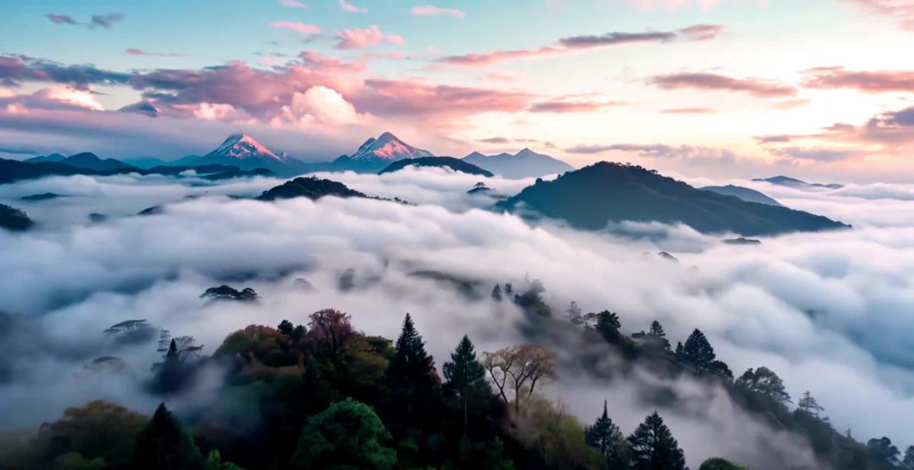 云海下的山峦森林，粉紫色天空美景。