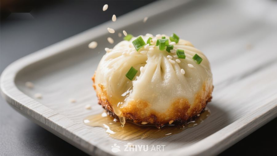 煎制小笼包，葱花点缀