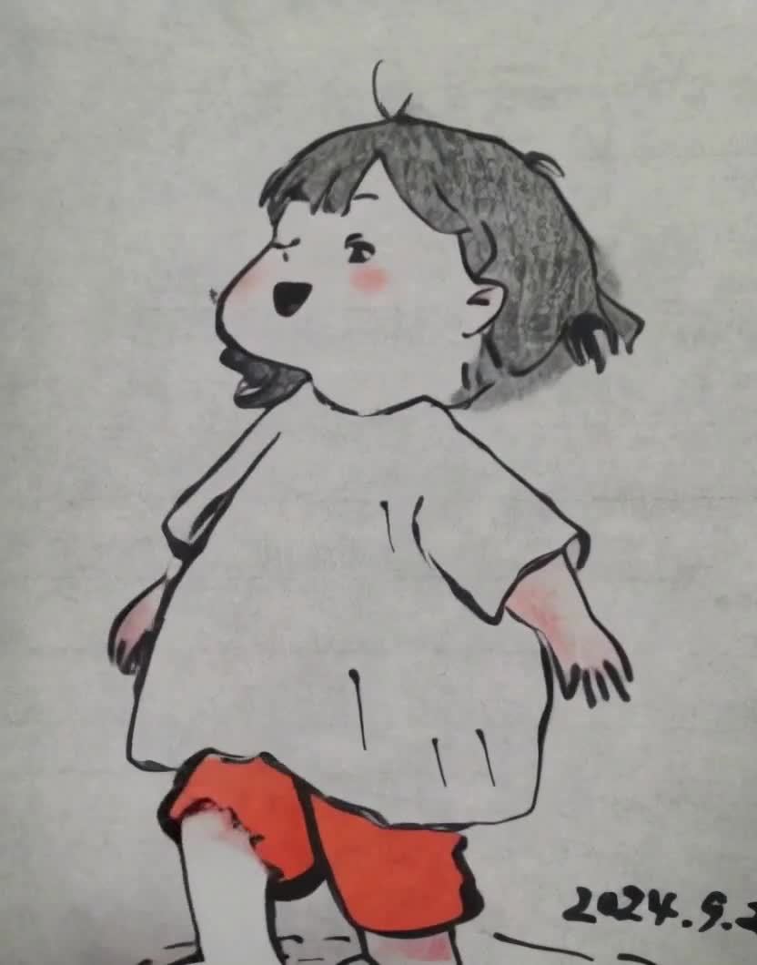 赤脚黑发二次元女孩，红晕脸颊，白色上衣红色短裤