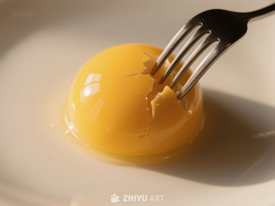 叉子轻轻戳破蛋黄的瞬间