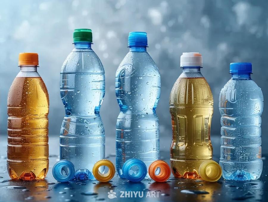 一组不同颜色的塑料瓶盖，包括蓝色、橙色、绿色和白色