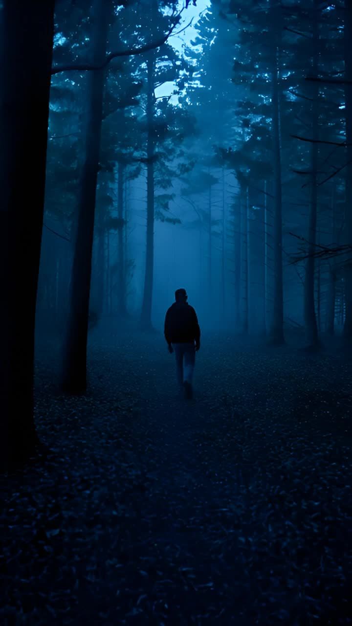 一个人在夜晚的森林中行走，周围是高大的树木，地面铺