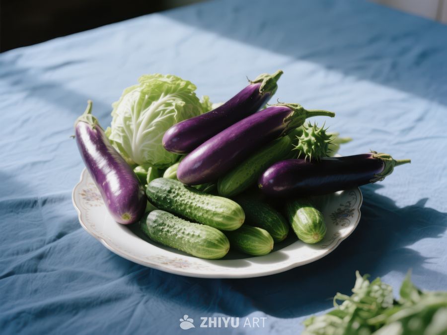 新鲜蔬菜盘：茄子、黄瓜与生菜 675